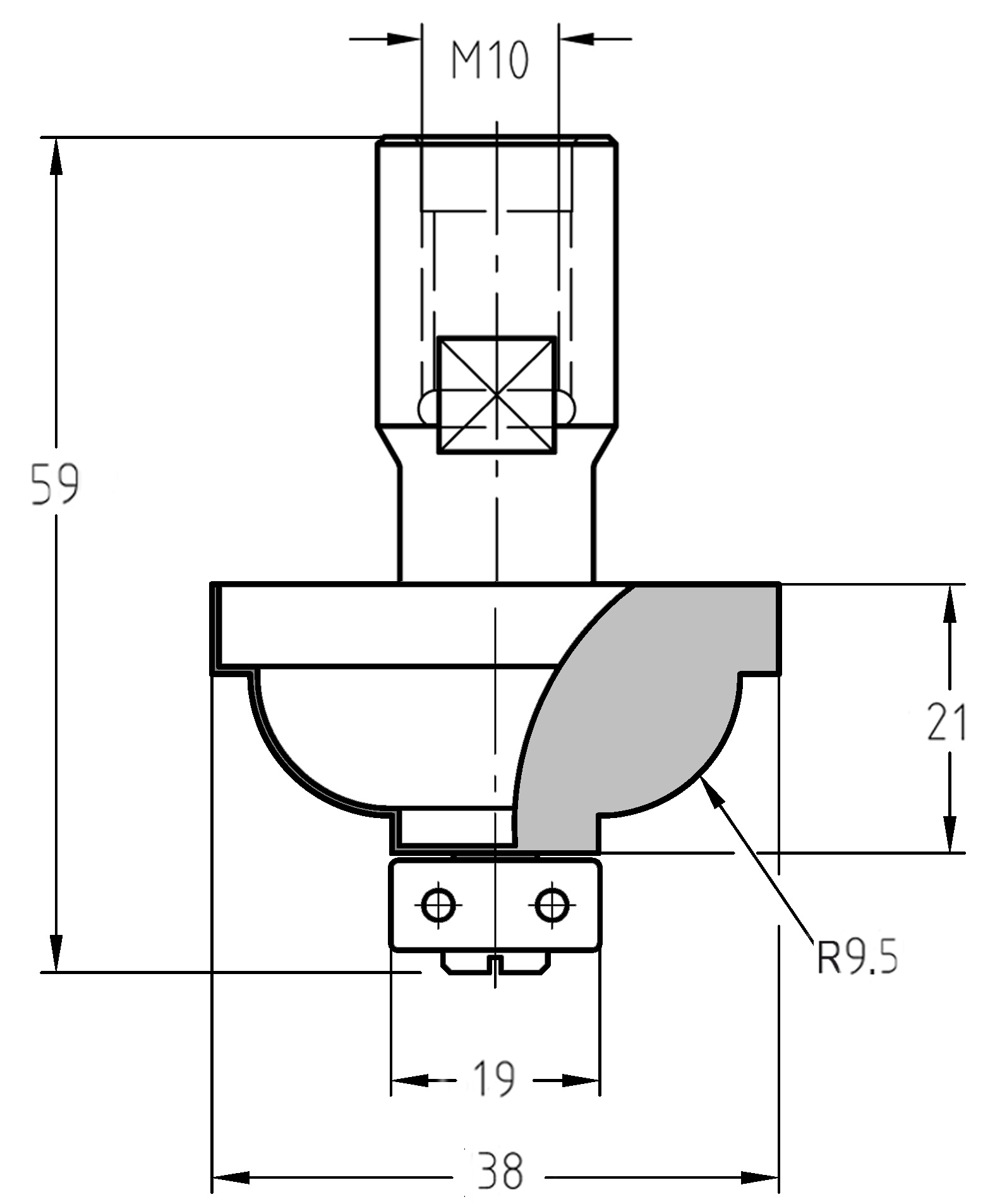 Maßzeichnung des Karnis-Profilfräsers: Details zu 38 mm Durchmesser, M10-Anschluss und der Geometrie des R 9,5 mm S-Profils.