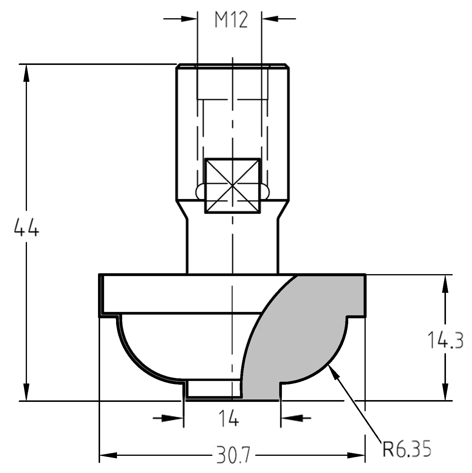Maßzeichnung des Karnis-Profilfräsers: Details zu 30,7 mm Durchmesser, M12-Anschluss und der Geometrie des R 6,35 mm S-Profils.