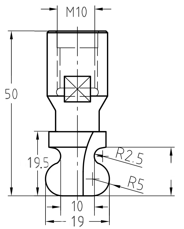 Maßzeichnung des Griffmuldenfräsers: Details zum 19 mm großen Durchmesser, 10 mm kleinen Durchmesser und dem M10-Anschluss.