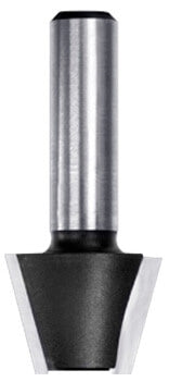 JSO Hartmetall-Fasenfräser 15° in lagerloser Ausführung mit zwei langen Schneiden, flacher Stirnseite (10 mm) und einem massiven 12 mm Schaft.
