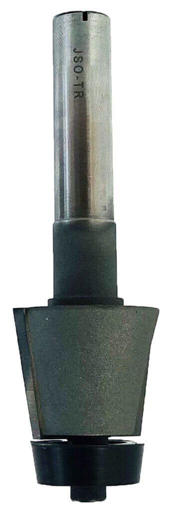 JSO Hartmetall-Fasenfräser 11° mit zwei Schneiden, einem massiven 12 mm Schaft und dem speziellen konisch angeschrägten 11-Grad-Anlauflager an der Spitze.