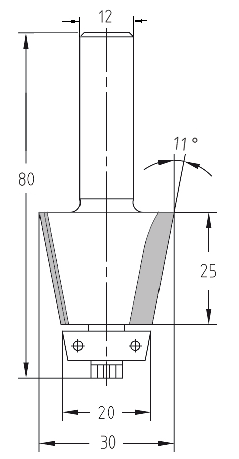 Technische Maßzeichnung des 11-Grad-Fasenfräswerkzeugs mit Maßangaben für Durchmesser (30 mm), Nutzlänge (25 mm) und das 11° konische 20 mm Anlauflager.