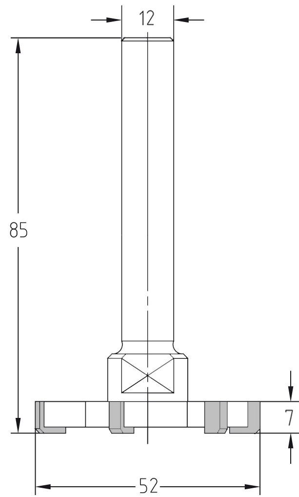 Technische Maßzeichnung des JSO Planfräsers Z=6 mit exakten Bemaßungen für Durchmesser 52 mm, Nutzlänge 7 mm, Schaft 12 mm und einer Gesamtlänge von 85 mm.