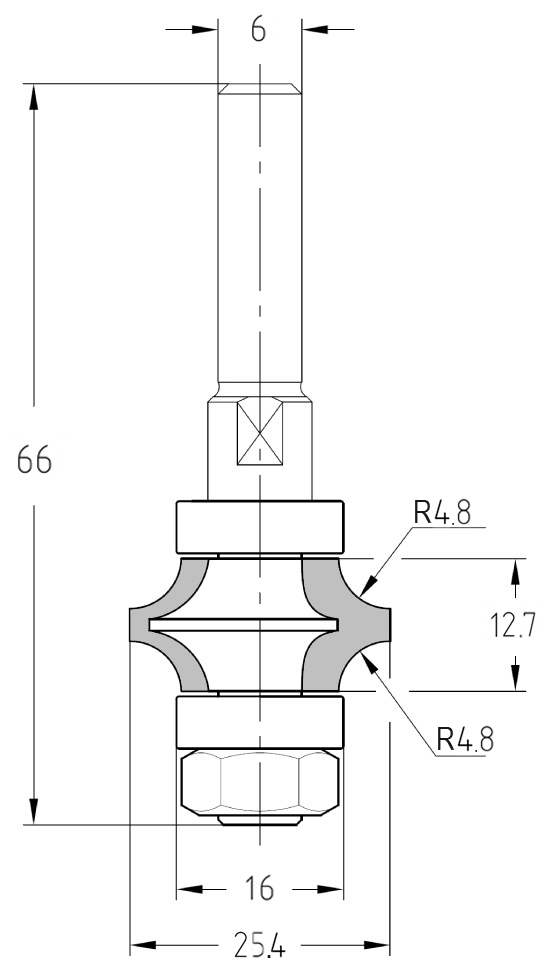 Technische Zeichnung des Spitzkantenfräsers mit Maßen: 25,4 mm Durchmesser, 12,7 mm Nutzlänge und Darstellung der doppelten 4,8 mm Radien.