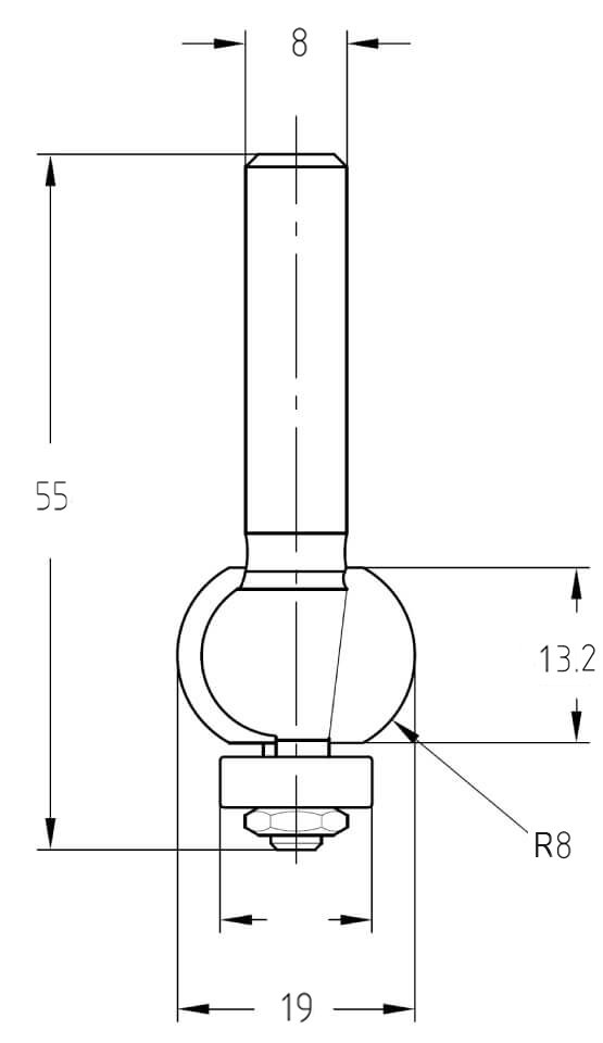 Maßzeichnung des Kugelfräsers mit Lager: Radius 8 mm, Außendurchmesser 19 mm, Nutzlänge 13,2 mm.
