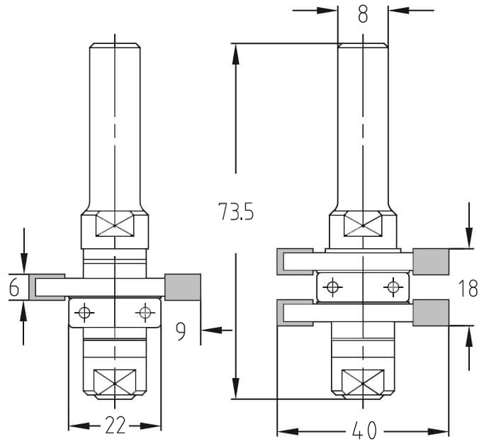 Technische Maßzeichnung des JSO Nut- und Federfräser-Garniturs mit genauen Angaben für Durchmesser (40 mm), Schnittbreite (6 mm), Schnitttiefe (9 mm) und Gesamtlänge (73,5 mm).