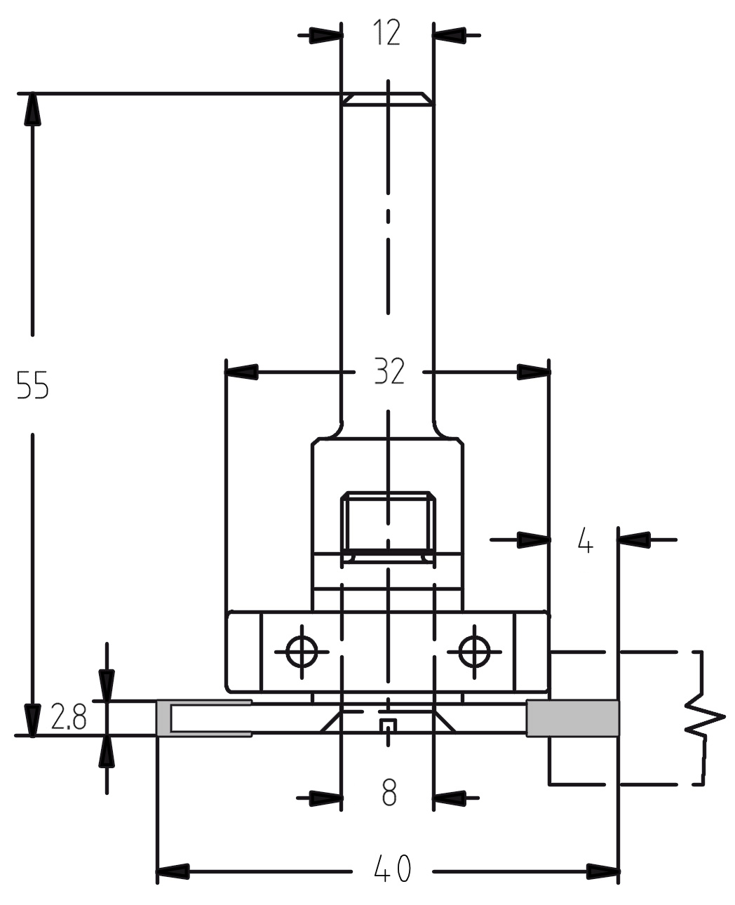 Technische Maßzeichnung des JSO Konterprofilfräsers mit genauen Angaben für Durchmesser (40 mm), Schnittbreite (2,8 mm), Schnitttiefe (4 mm) und die Gesamtlänge (55 mm).