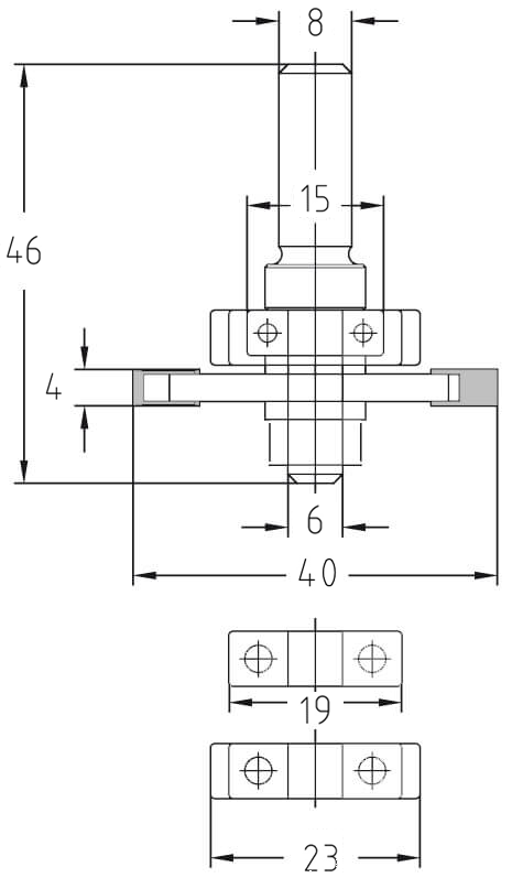 Technische Maßzeichnung des Flachdübel-Nutfräskörpers mit exakten Angaben zu Durchmesser (40 mm), Schnittbreite (4 mm), Gesamtlänge (46 mm) und Schaftaufnahme (8 mm).