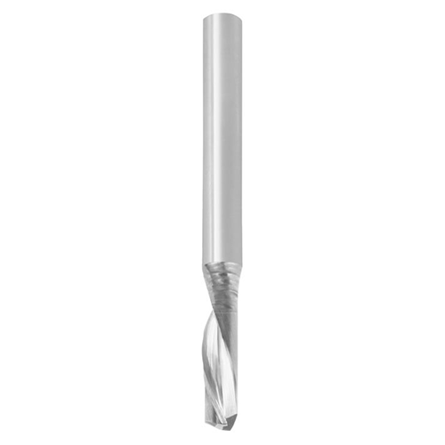 JSO CNC-Einzahn-Schlichtfräser aus massivem Vollhartmetall (VHW) mit linksgedrallter Z=1 Downcut-Schneidengeometrie, poliertem Spanraum, 3 mm Durchmesser und zylindrischem 3 mm Schaft im Holzfräsershop.