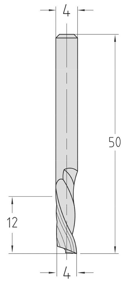 Technische Maßzeichnung des JSO VHW Einzahnfräsers (Ø 4 mm, Nutzlänge 12 mm, Gesamtlänge 50 mm) mit exakter Kennzeichnung der linksgedrallten Spirale und der Schafttoleranzen.