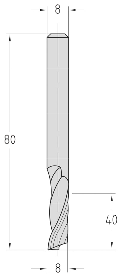 Technische Maßzeichnung des JSO VHW Einzahnfräsers (Ø 8 mm, extra lange Nutzlänge von 40 mm, Gesamtlänge 80 mm) mit exakter Kennzeichnung der schlanken Spiralgeometrie und des S8-Schafts.