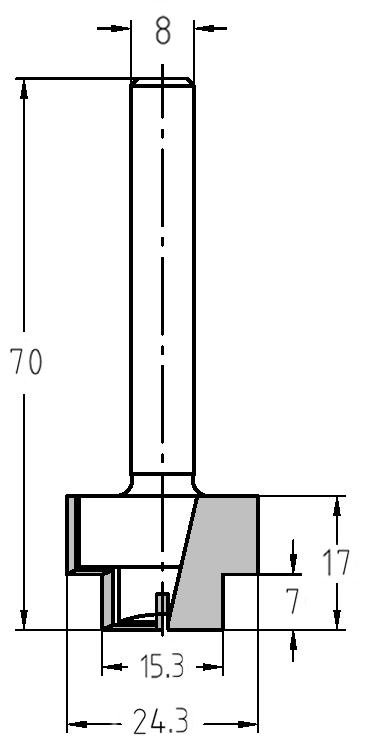 Maßzeichnung des Stufenfräsers: Details zu den Durchmessern 24,3/15,3 mm sowie den Nutzlängen 17/7 mm.