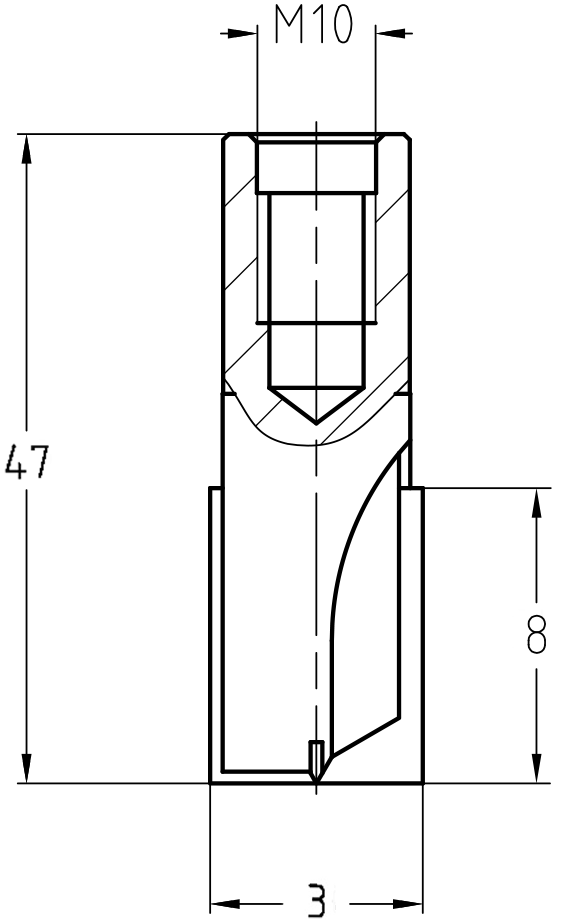 Technische Zeichnung JSO Nutfräser HW Ø 3 mm NL 8 mm mit M10 Innengewinde – Detailmaße für stationäre Frässpindeln
