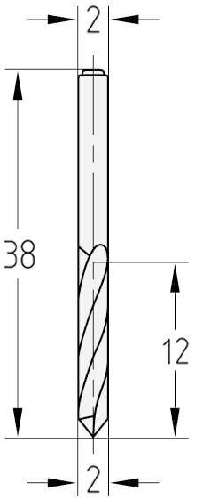 Technische Zeichnung des JSO Spiralbohrers VHW Ø 2mm Spirallänge 12mm mit Schaft 2mm und GL 38mm im Holzfräsershop.