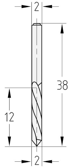 Technische Zeichnung des JSO Spiralbohrers VHW Ø 2mm Spirallänge 12mm Linkslauf mit Schaft 2mm und GL 38mm im Holzfräsershop.