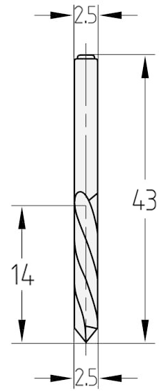 Technische Zeichnung des JSO Spiralbohrers VHW Ø 2,5mm Spirallänge 14mm Linkslauf mit Schaft 2,5mm und GL 43mm im Holzfräsershop.