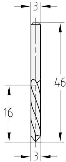 Technische Zeichnung des JSO Spiralbohrers VHW Ø 3mm Spirallänge 16mm Linkslauf mit Schaft 3mm und GL 46mm im Holzfräsershop.
