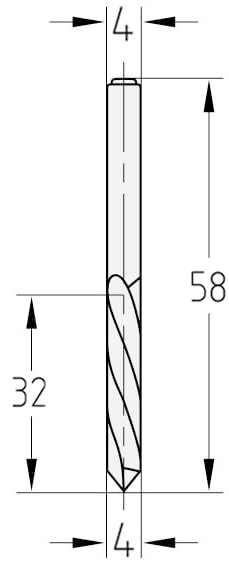 Technische Zeichnung des JSO Spiralbohrers VHW Ø 4mm Spirallänge 32mm Z1 Linkslauf mit Schaft 4mm und GL 58mm im Holzfräsershop.