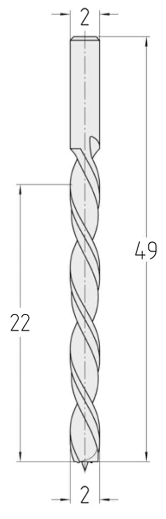 Technische Zeichnung des JSO Spiralbohrers HS Ø 2mm Spirallänge 22mm, Linkslauf, Schaft 2mm und GL 49mm im Holzfräsershop.