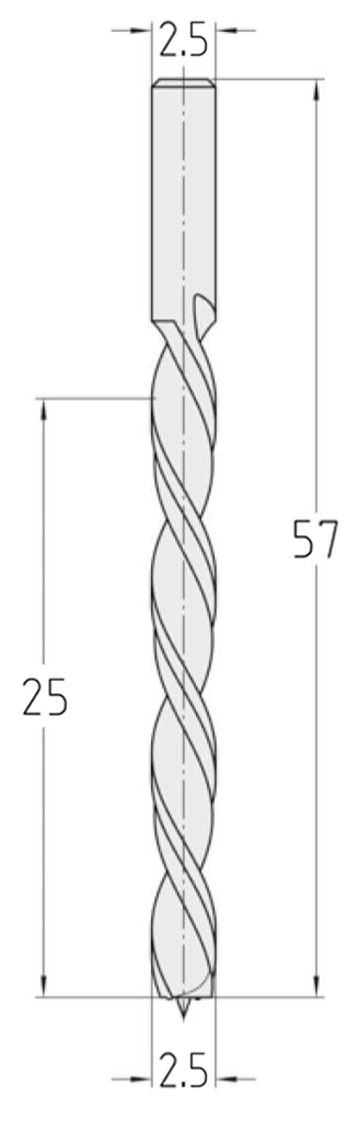 Technische Zeichnung des JSO Spiralbohrers HS Ø 2,5mm Spirallänge 25mm, Linkslauf, Schaft 2,5mm und GL 57mm im Holzfräsershop.