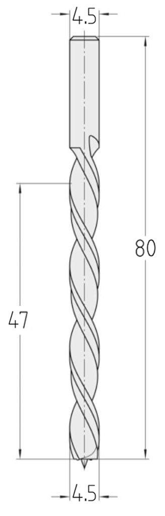 Technische Zeichnung des JSO Spiralbohrers HS Ø 4,5mm Spirallänge 47mm, Linkslauf, Schaft 4,5mm und GL 80mm im Holzfräsershop.