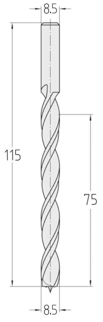 Technische Zeichnung des JSO Spiralbohrers HS Ø 8,5mm Spirallänge 75mm, Schaft 8mm und GL 115mm im Holzfräsershop.