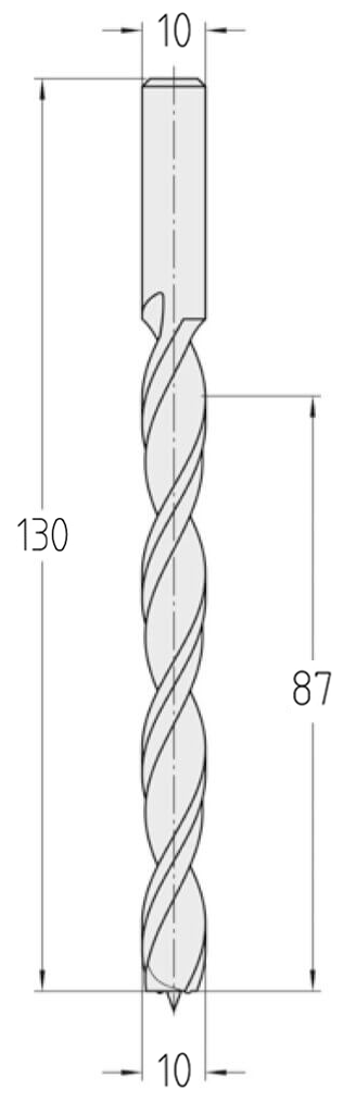 Technische Zeichnung des JSO Spiralbohrers HS Ø 10mm Spirallänge 87mm, Schaft 10mm und GL 130mm im Holzfräsershop.