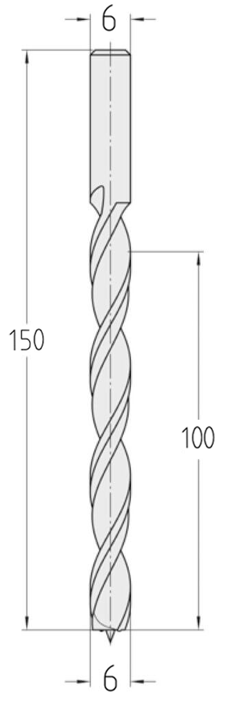 Technische Zeichnung des überlangen JSO Spiralbohrers HS Ø 6mm Spirallänge 100mm, Schaft 6mm und GL 150mm im Holzfräsershop.