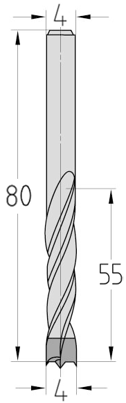 Technische Zeichnung des JSO Spiralbohrers HW Ø 4mm Spirallänge 55mm mit Schaft 4mm und GL 80mm im Holzfräsershop.