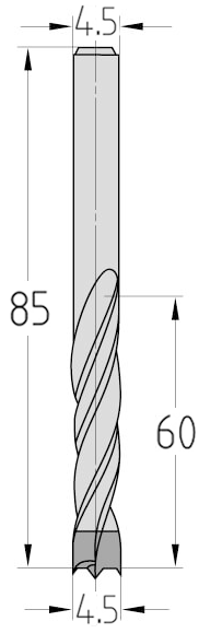 Technische Zeichnung des JSO Spiralbohrers HW Ø 4,5mm Spirallänge 60mm mit Schaft 4,5mm und GL 85mm im Holzfräsershop.