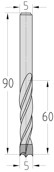 Technische Zeichnung des JSO Spiralbohrers HW Ø 5mm Spirallänge 60mm mit Schaft 5mm und GL 90mm im Holzfräsershop.