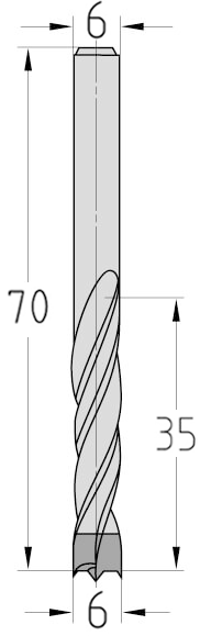 Technische Zeichnung des JSO Spiralbohrers HW Ø 6mm Spirallänge 35mm mit Schaft 6mm und GL 70mm im Holzfräsershop.