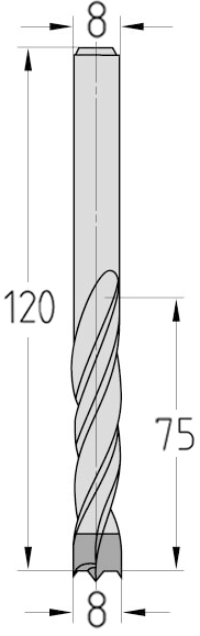 Technische Zeichnung des JSO Spiralbohrers HW Ø 8mm Spirallänge 75mm mit Schaft 8mm und GL 120mm im Holzfräsershop.