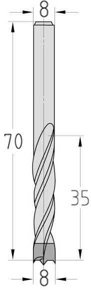 Technische Zeichnung des JSO Spiralbohrers HW Ø 8mm Spirallänge 35mm mit Schaft 8mm und GL 70mm im Holzfräsershop.
