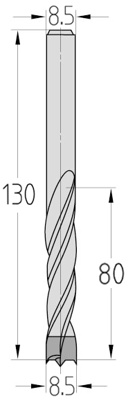 Technische Zeichnung des JSO Spiralbohrers HW Ø 8,5mm Spirallänge 80mm mit Schaft 8,5mm und GL 130mm im Holzfräsershop.