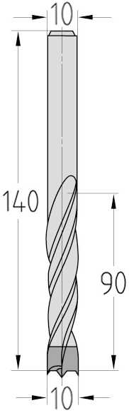 Technische Zeichnung des JSO Spiralbohrers HW Ø 10mm Spirallänge 90mm mit Schaft 10mm und GL 140mm im Holzfräsershop.