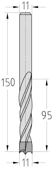 Technische Zeichnung des JSO Spiralbohrers HW Ø 11mm Spirallänge 95mm mit Schaft 11mm und GL 150mm im Holzfräsershop.
