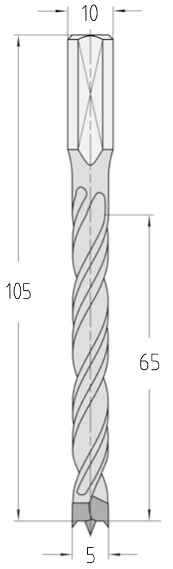 Technische Zeichnung des JSO Dübellochbohrers HW Ø 5 mm Rechtslauf mit Spirallänge 65 mm, Schaft 10 mm und Gesamtlänge 105 mm im Holzfräsershop.