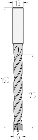 Technische Zeichnung des JSO Spiralbohrers HW Ø 6mm Nutzlänge 75mm, Zentrierspitze und GL 140mm im Holzfräsershop.