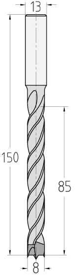 Technische Zeichnung des JSO Spiralbohrers HW Ø 8mm Nutzlänge 85mm, Zentrierspitze und GL 150mm im Holzfräsershop.