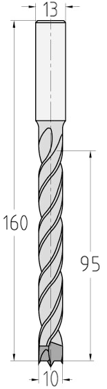 Technische Zeichnung des JSO Spiralbohrers HW Ø 10mm Nutzlänge 95mm, Zentrierspitze und GL 160mm im Holzfräsershop.