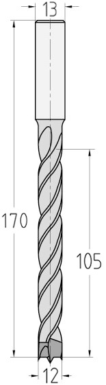 Technische Zeichnung des JSO Spiralbohrers HW Ø 12mm Spirallänge 105mm, Zentrierspitze und GL 170mm im Holzfräsershop.