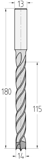 Technische Zeichnung des JSO Spiralbohrers HW Ø 14mm Nutzlänge 115mm, Zentrierspitze und GL 180mm im Holzfräsershop.