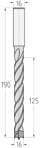 Technische Zeichnung des JSO Spiralbohrers HW Ø 16mm Spirallänge 125mm, Zentrierspitze und GL 190mm im Holzfräsershop.