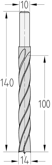 Technische Zeichnung des JSO Spiralbohrers HS Ø 14mm Spirallänge 100mm, Schaft 10x30mm und GL 140mm im Holzfräsershop.