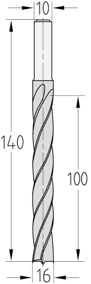 Technische Zeichnung des JSO Spiralbohrers HS Ø 16mm Spirallänge 100mm, Schaft 10x30mm und GL 140mm im Holzfräsershop.