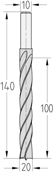 Technische Zeichnung des JSO Spiralbohrers HS Ø 20mm Spirallänge 100mm, Schaft 10mm und GL 140mm im Holzfräsershop.