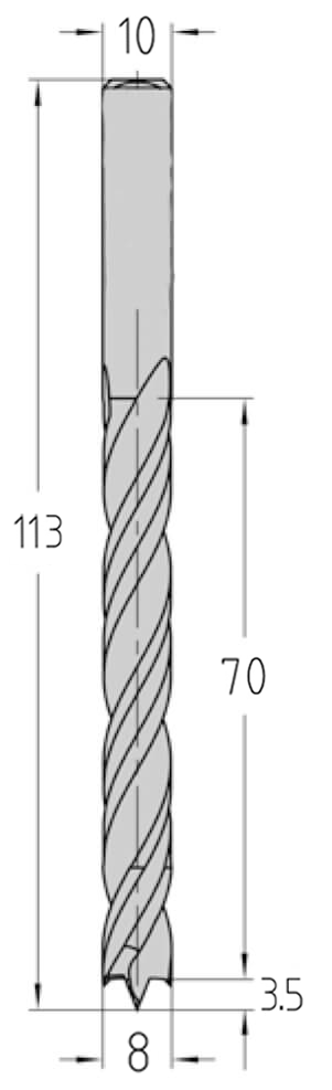 Technische Zeichnung des JSO Spiralbohrers VHW Ø 8mm Spirallänge 70mm, Schaft mit Spannfläche und GL 113mm im Holzfräsershop.
