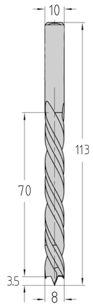 Technische Zeichnung des JSO Spiralbohrers VHW Ø 8mm Spirallänge 70mm, Linkslauf, Zentrierspitze 3,5mm und GL 113mm im Holzfräsershop.