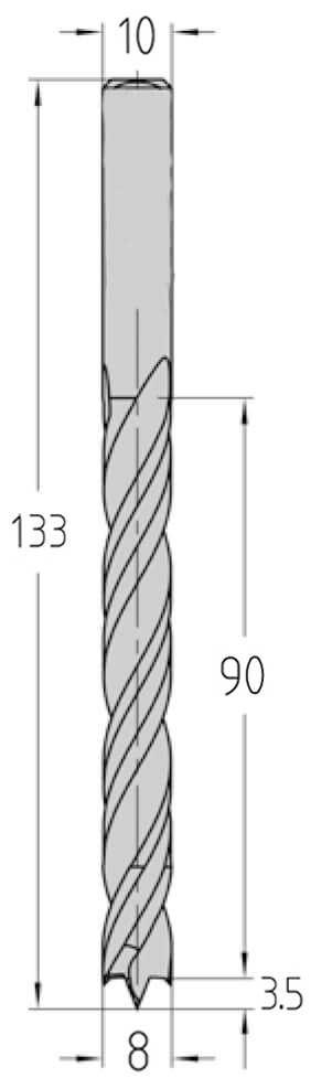 Technische Zeichnung des JSO Spiralbohrers VHW Ø 8mm Spirallänge 90mm, Schaft mit Spannfläche und GL 133mm im Holzfräsershop.